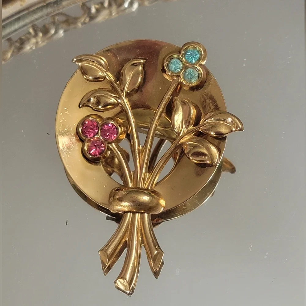 Pegasus Coro Pink & Blue Rhinestone Floral Gold-Tone Vintage Brooch